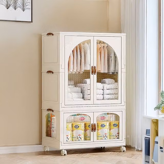 Komore White Foldable Wardrobe for Children's Rooms with Hinged Doors and Hanging Rod, Width: 118.5 cm
