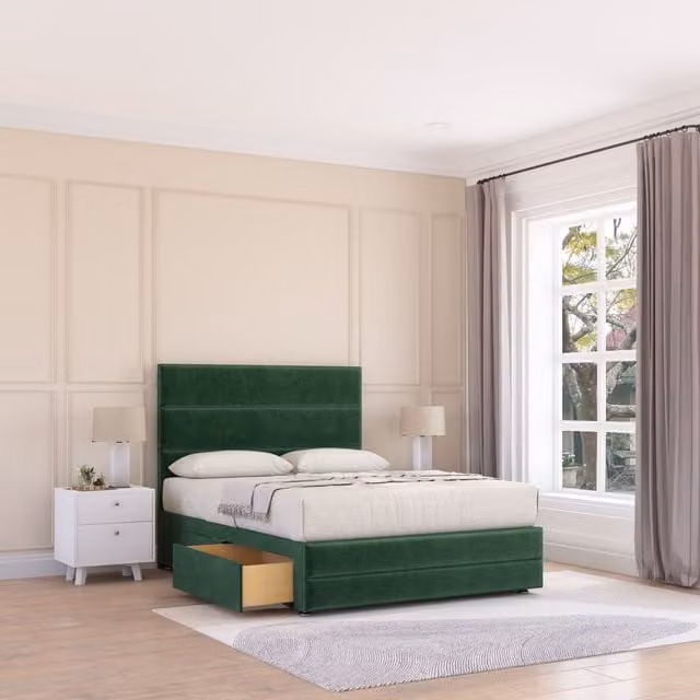 Sloomy Monaco King Size Upholstered Velvet Bed Frame with 4 Drawers and Floor Standing Headboard in Emerald Green W/D/H: 180 x 200 cm