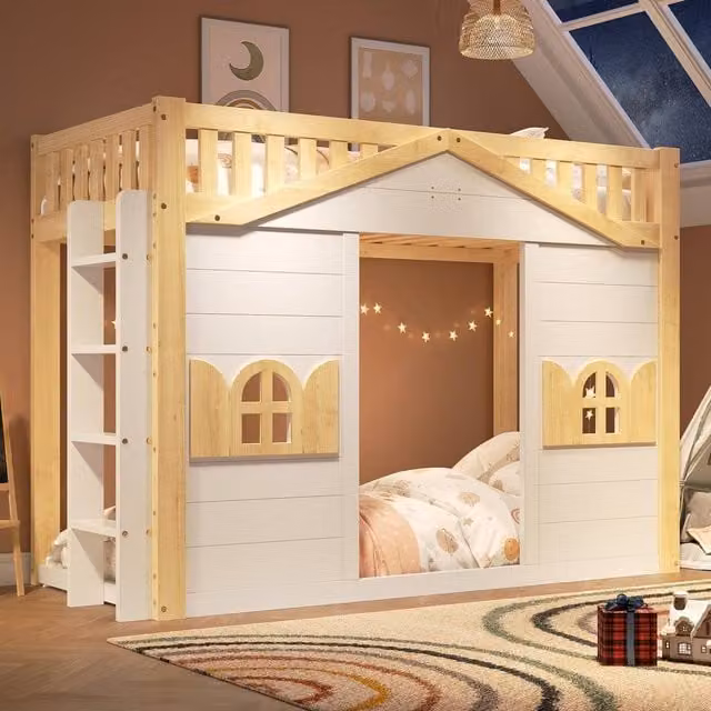 Rolipo Kids Wooden House Bunk Bed with Play Area, White and Natural, W/D/H: 90 x 190 cm