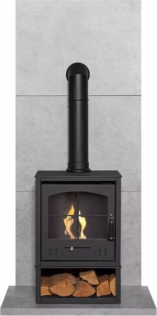 Acantha Fires & Fireplaces Tile & Hearth in Concrete Effect with OKO S2 Ethanol Stove, Store & Tall Pipe in Black