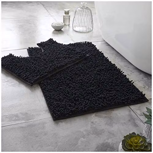 Gaveno Cavailia Super Absorbent Chenille Loop Bath Mat and WC Pedestal Mat Set, Black