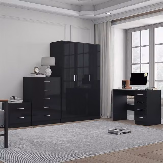 REFLECT Modern Bedroom Furniture Bundle in Black Gloss and Matt Black, including 3-Door Wardrobe, Chest of Drawers, Nightstand, and Desk