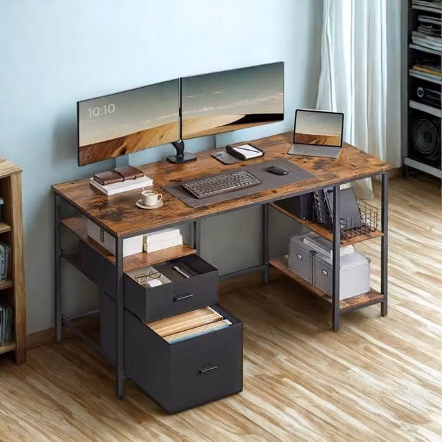 Pirlo Plush Industrial Computer Desk with Storage Shelves and Drawer, Oak Brown, W: 140 cm