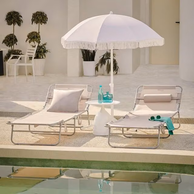 SoBuy Set of 2 Adjustable Folding Garden Sun Loungers in Beige and Silver