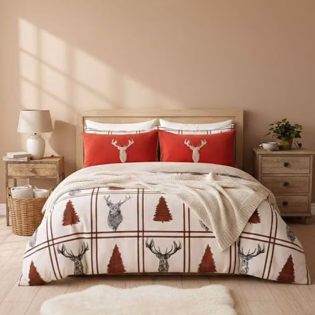 Snug City Christmas Stag Teddy Duvet Cover and Pillowcase Set, Beige, Single, W/D/H: 90 x 190 cm