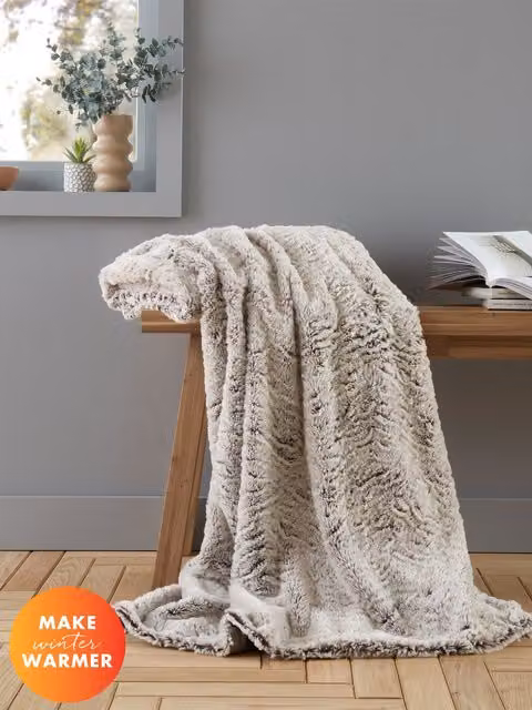Catherine Lansfield Wolf Faux Fur Extra Large Cosy Throw in Natural Beige, W/D/H: 150 x 200 cm