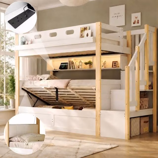 Matteo White Single Hydraulic Bunk Bed with Storage Stairs, LED Lighting and USB Charging Port