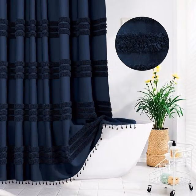 INHOUSOLU Blue Boho Tufted Striped Shower Curtain with Tassels and Eyelets
