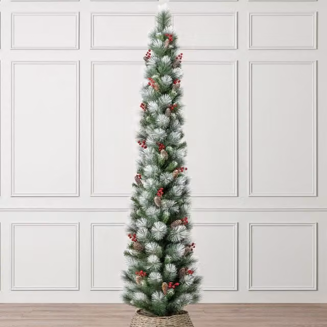 Christow Slim Artificial Pencil Christmas Tree with Snow, Cone and Berry Decorations in Green and Multicolour, Height: 152.4 cm
