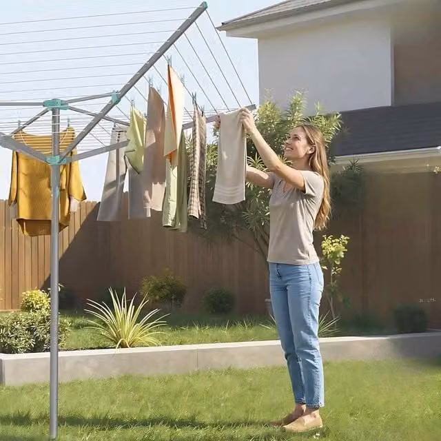 The Bazaarist Rotary Washing Line with Cover and Peg Clips, Silver