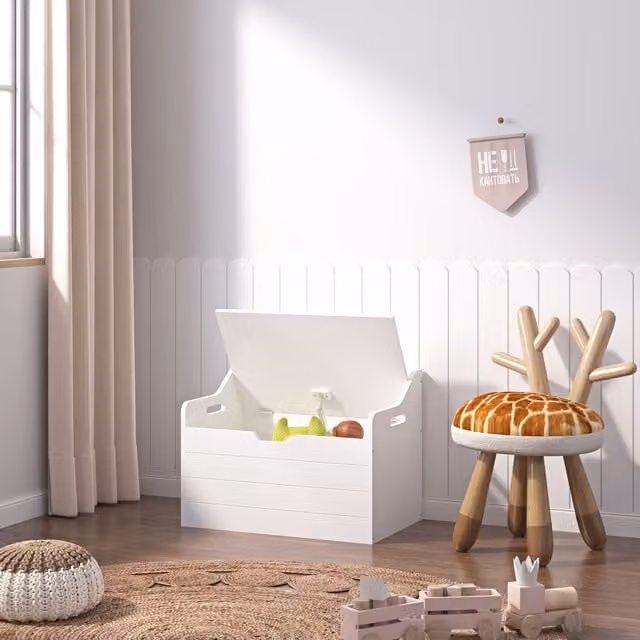 Xample Wooden Kids Toy Box and Storage Bench with Safety Hinged Lid in White