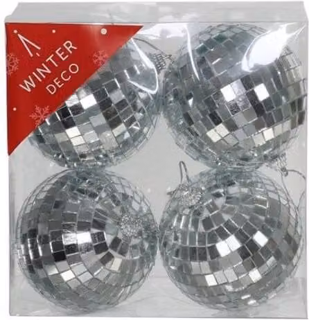 KDMD Silver Disco Bauble 4 Pack, 10 cm Round Geometric Hanging Christmas Decorations