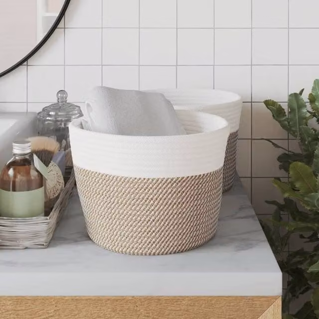 Berkfield Home Storage Baskets, 2 Pack, Brown and White Cotton Open Weave Fabric, W: 24 cm, H: 18 cm