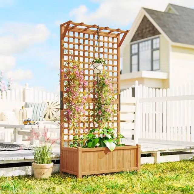 OUTSUNNY Wood Planter with Trellis for Climbing Plants in Sand/Brown, W/D/H: 183 x 90 x 45 cm
