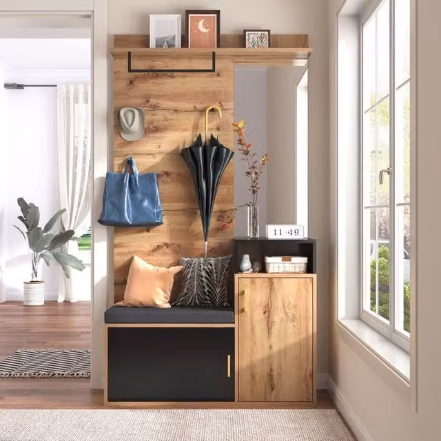 Rolipo Black and Wood Hallway Wardrobe Set with Shoe Bench, Mirror and Wall Rack, Width: 105 cm