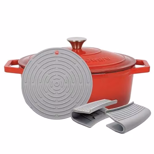 Argon Tableware Oval Enamelled Cast Iron Casserole Dish with Self-Basting Lid, Red, 4.68 l