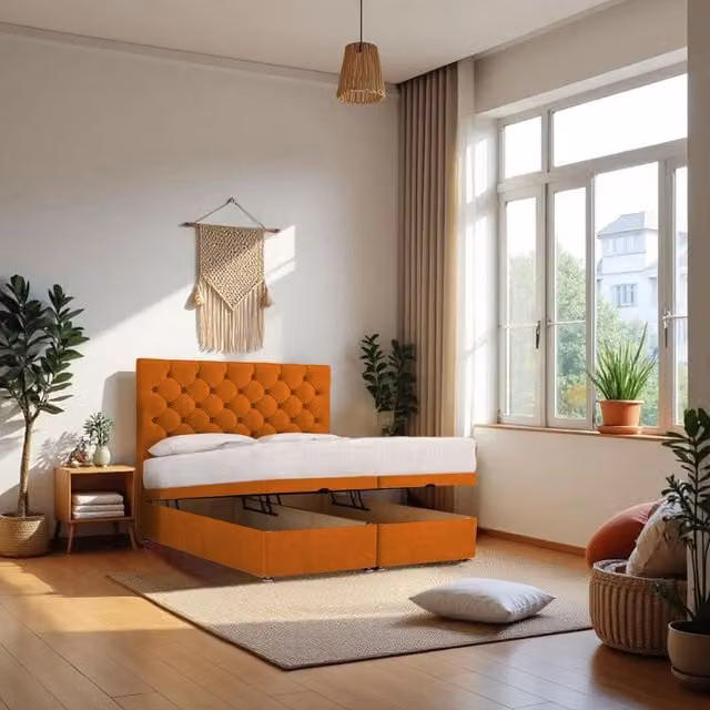 Knight Sleep Athens King Size End Opening Ottoman Bed with Hybrid Mattress and 24 inch Headboard in Mustard Yellow