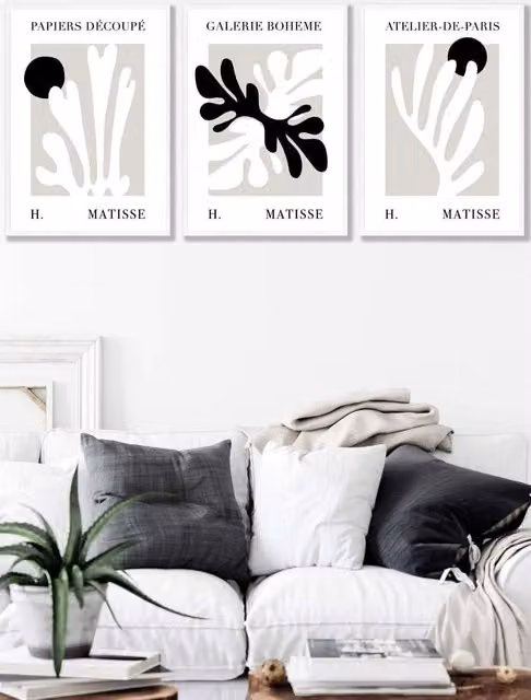 ARTZE Set of 3 Matisse Floral Cut Out Style Wall Art in Black and Beige with White Frames, W: 33 cm, H: 45 cm, D: 2 cm