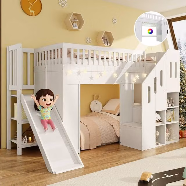 Rolipo Multifunctional Kids Bunk Bed with Storage Stairs and Under-Bed Lighting in White, W/D/H: 190 x 90 x 161.5 cm