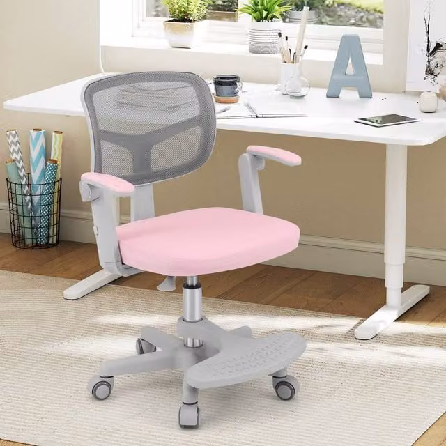 Costway Pink Adjustable Height Childrens Swivel Task Chair with Armrests and Castors