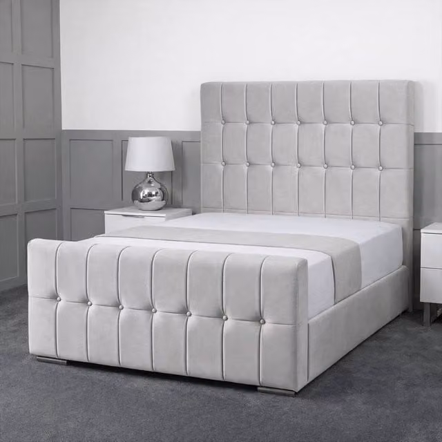 Living Comfort Bedz Belmont Plush Velvet Upholstered Bed with Slatted Base and 48 Inch Headboard in Silver, Double Size
