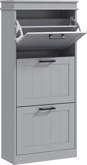 HOMCOM Minimalist Grey Lacquered Shoe Cabinet with Tilting Compartments and Internal Shelves, H 117.5 x W 54.0 x D 17.9 cm