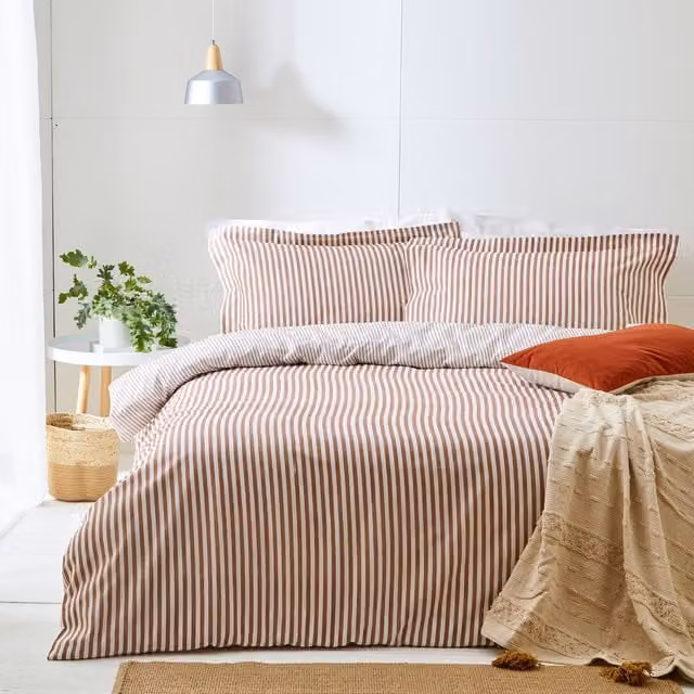 Make it a Home Hebden Striped Reversible Duvet Cover and Pillowcase Set in Brown and Red, W: 180 cm x L: 200 cm