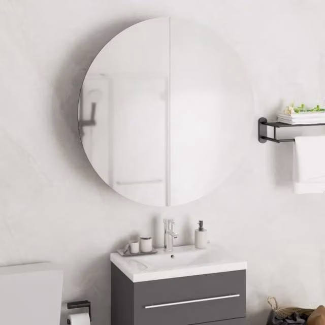 Berkfield Home Black Wall Mounted Bathroom Cabinet with Round LED Mirror, W/D/H: 54 x 54 x 17.5 cm