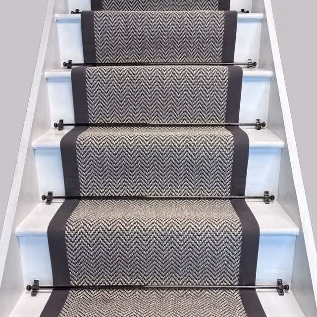 RainbowHome Herringbone Java Stair Runner in White with Grey Cotton Border, W: 70 cm, L: 650 cm
