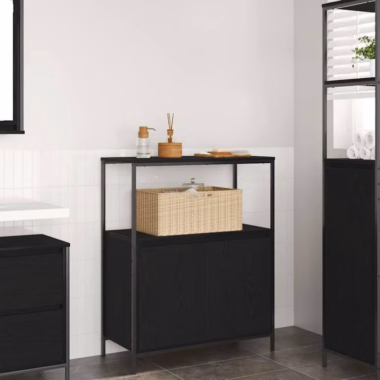 Berkfield Home Black Oak Bathroom Cabinet with Shelves and Hinged Doors, W/D/H: 76.5 x 35 x 95 cm