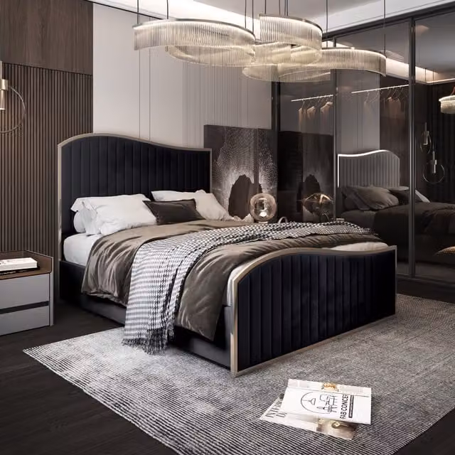 Darlington Soft Velvet Upholstered Metal Bed Frame in Black, 140 x 200 cm
