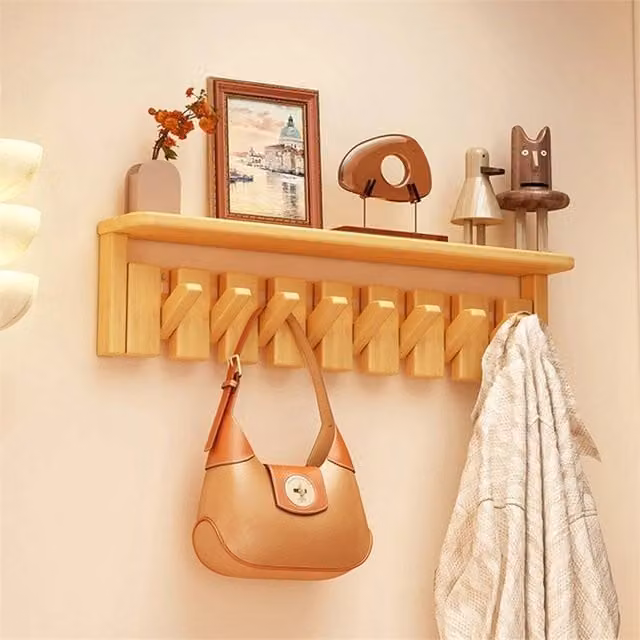 Nordara Wooden Wall Mounted Coat Rack with 8 Hooks and Floating Shelf, Brown, W/D/H: 46.98 x 12.0 x 12.0 cm