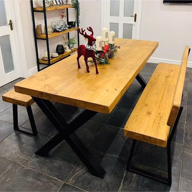 TRL Handmade Furniture Chunky Rectangular Oak Dining Table and Bench Set in Mid Oak, W/D/H: 140 x 100 cm
