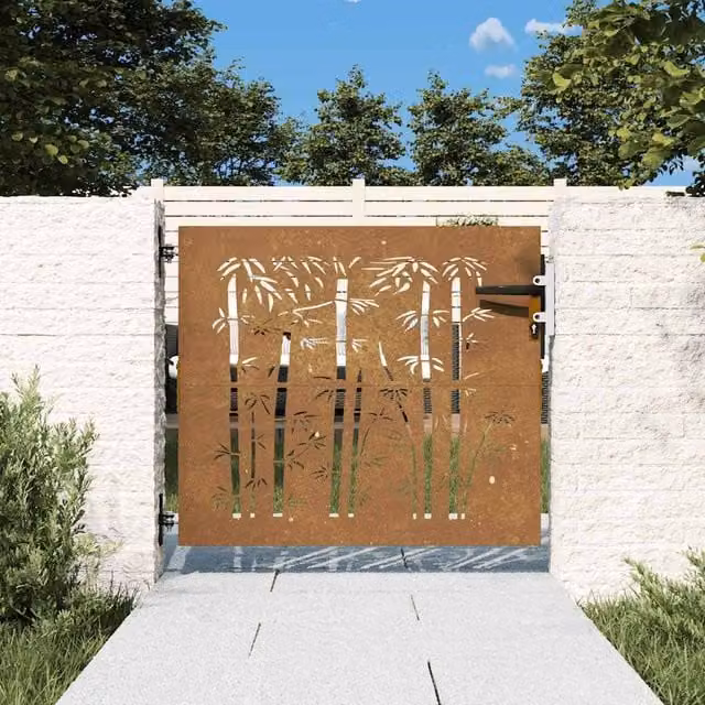 Berkfield Brown Corten Steel Garden Gate with Bamboo Design, W: 75 cm, H: 85 cm