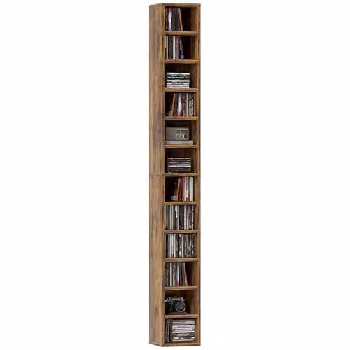 HOMCOM Corner CD Storage Unit with 12 Media Compartments, Rustic Brown, Height: 175 cm