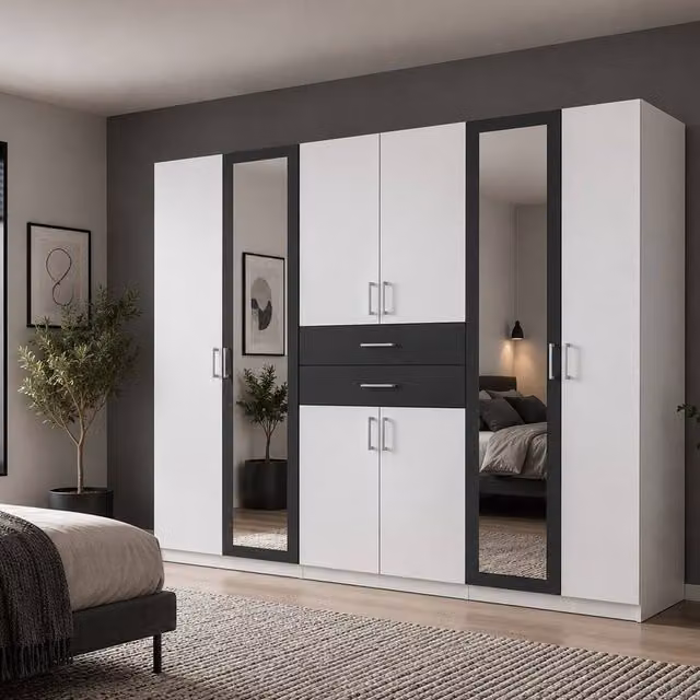 KDMD Greenwich Modern 6 Door Mirrored Wardrobe in White and Grey, H 270 cm x W 270 cm x D 58 cm