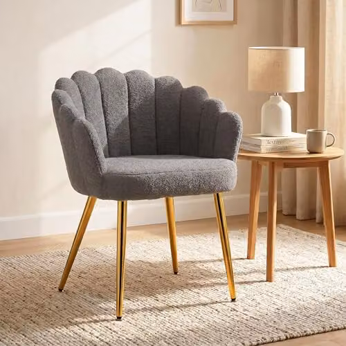 HOMCOM Modern Shell Lounge Chair with Armrests in Grey Bouclé Fabric and Metal Frame, W/D/H: 79 x 61.5 x 56 cm