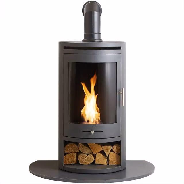 OKO S5 Bio Ethanol Cylinder Stove with Angled Stove Pipe and Truncated Hearth in Grey