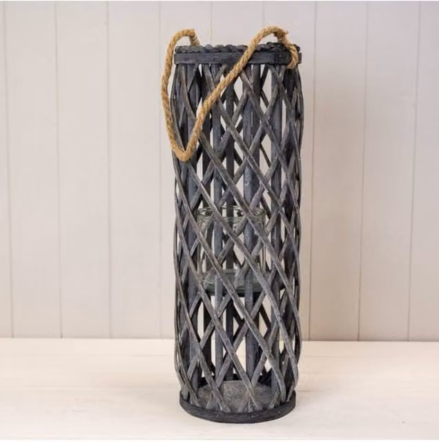 KDMD Grey Handcrafted Metal Pillar Lantern with Rustic Round Tabletop Design