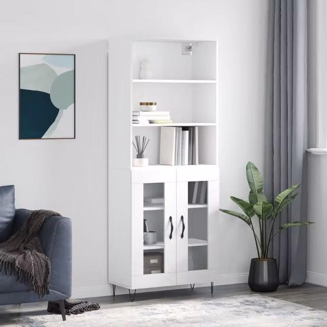 Berkfield Home Modern White Highboard with Glass Doors, W/D/H: 69.5 x 34 x 180 cm