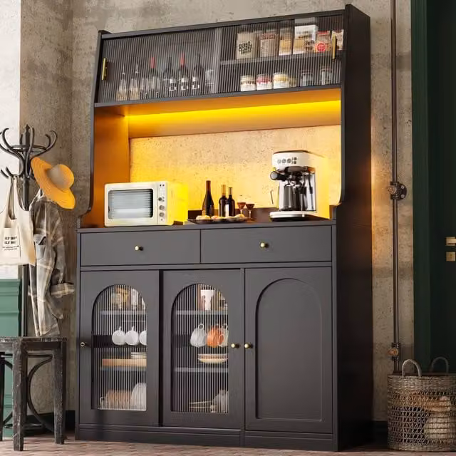 Merax Black Tall Kitchen Sideboard and Dining Dresser with Integrated Lighting and Glass Doors, W/D/H: 120 x 40 x 180 cm