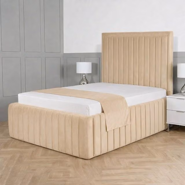 Living Comfort Bedz Saint Germain Plush Upholstered Single Bed with Slatted Base and 48 Inch Headboard in Beige