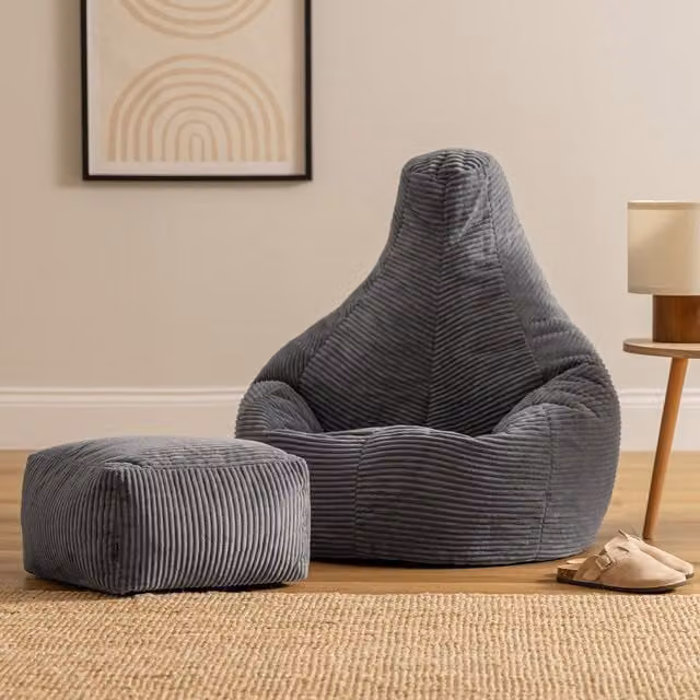 icon Dalton Corduroy Bean Bag Gaming Chair and Footstool in Grey