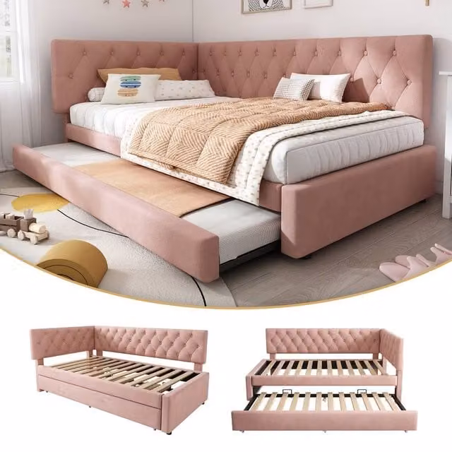Rolipo Pink Velvet Single Daybed with Pull Out Trundle Bed, W/D/H: 90 x 190 cm