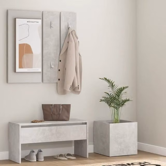 Berkfield Home Modern Hallway Furniture Set in Concrete Grey featuring Bench, Mirror and Wall Rack