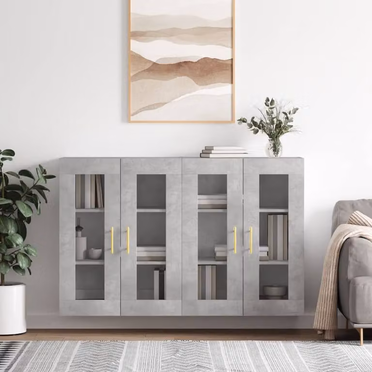 Berkfield Home Set of 2 Wall Mounted Cabinets in Concrete Grey with Glass Doors and Internal Shelves