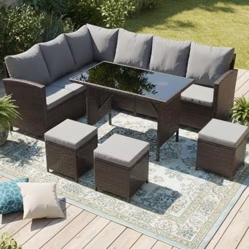 Birchtree 9 Seater L-Shape Rattan Garden Furniture Set with Coffee Table and Ottoman in Brown