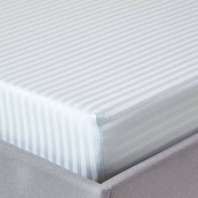 Homescapes 330 Thread Count Egyptian Combed Cotton Mako Satin Stripe Fitted Sheet, Blue, W: 140 cm, L: 200 cm