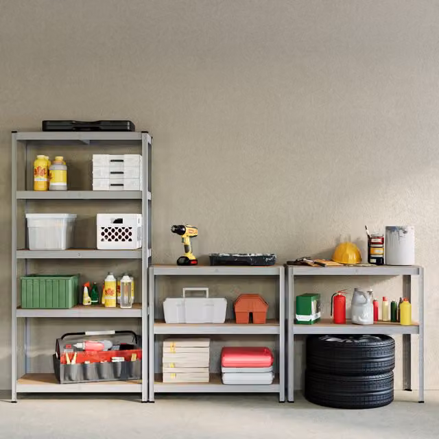 Home Discount Home Vida Set of 2 Heavy Duty 5 Tier Garage Shelves and Work Benches in Metallic Silver, W: 180 cm, D: 90 cm, H: 90 cm