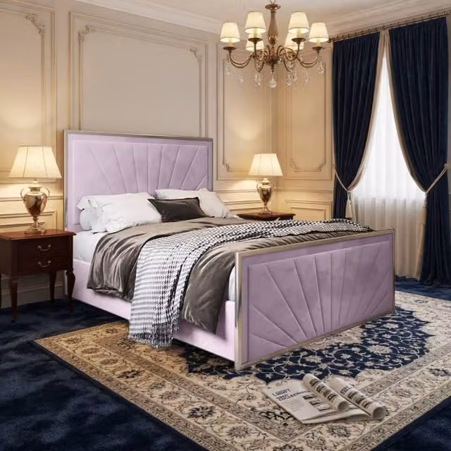 KDMD Thornhill Pink Velvet Upholstered Metal Designer Bed Frame, W/D/H: 90 x 200 cm